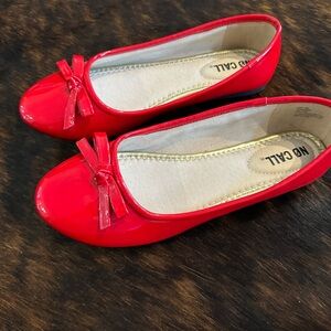 Red Women's flats, size 10W, shiny finish, stylish footwear, comfortable